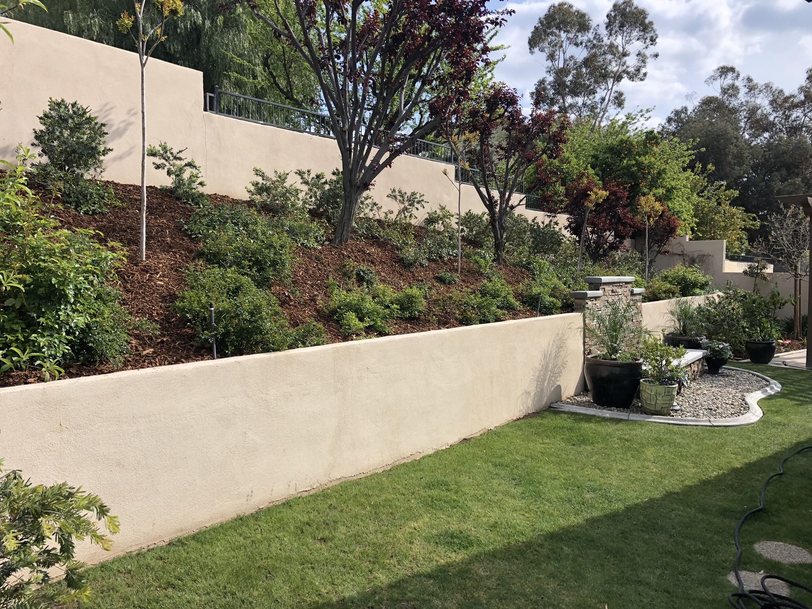 Terraced hillside with plantings, rock beds, and lawn